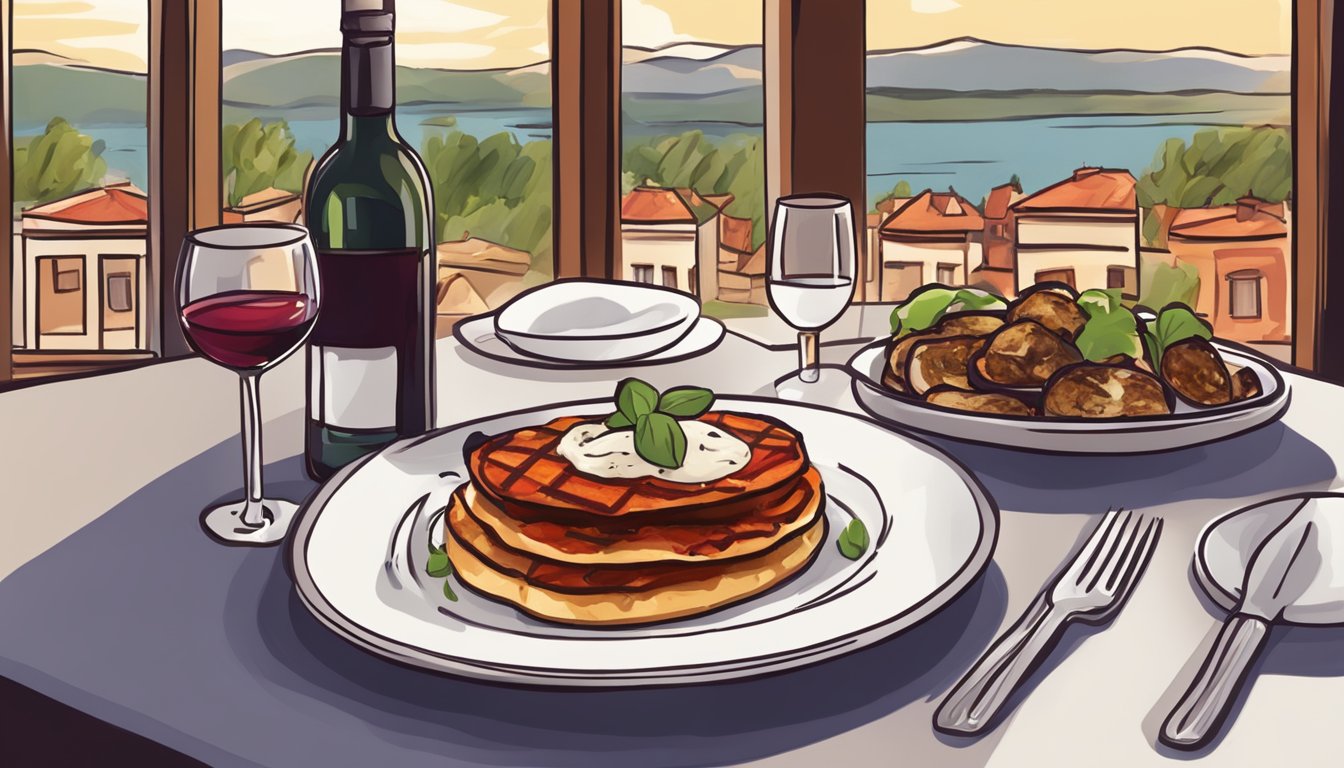 A table set with a plate of grilled eggplant parmesan and a glass of red wine, with a cozy restaurant ambiance in the background