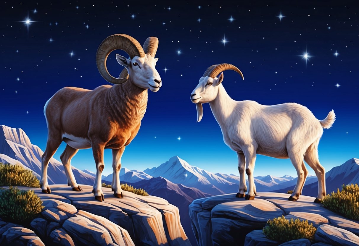 A ram and a goat stand atop a mountain, gazing at the stars