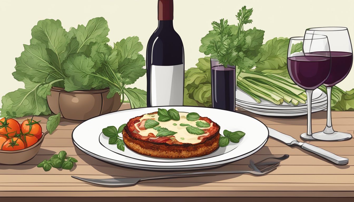 A table set with a plate of grilled eggplant parmesan, a glass of red wine, and a bottle of white wine, surrounded by fresh herbs and vegetables