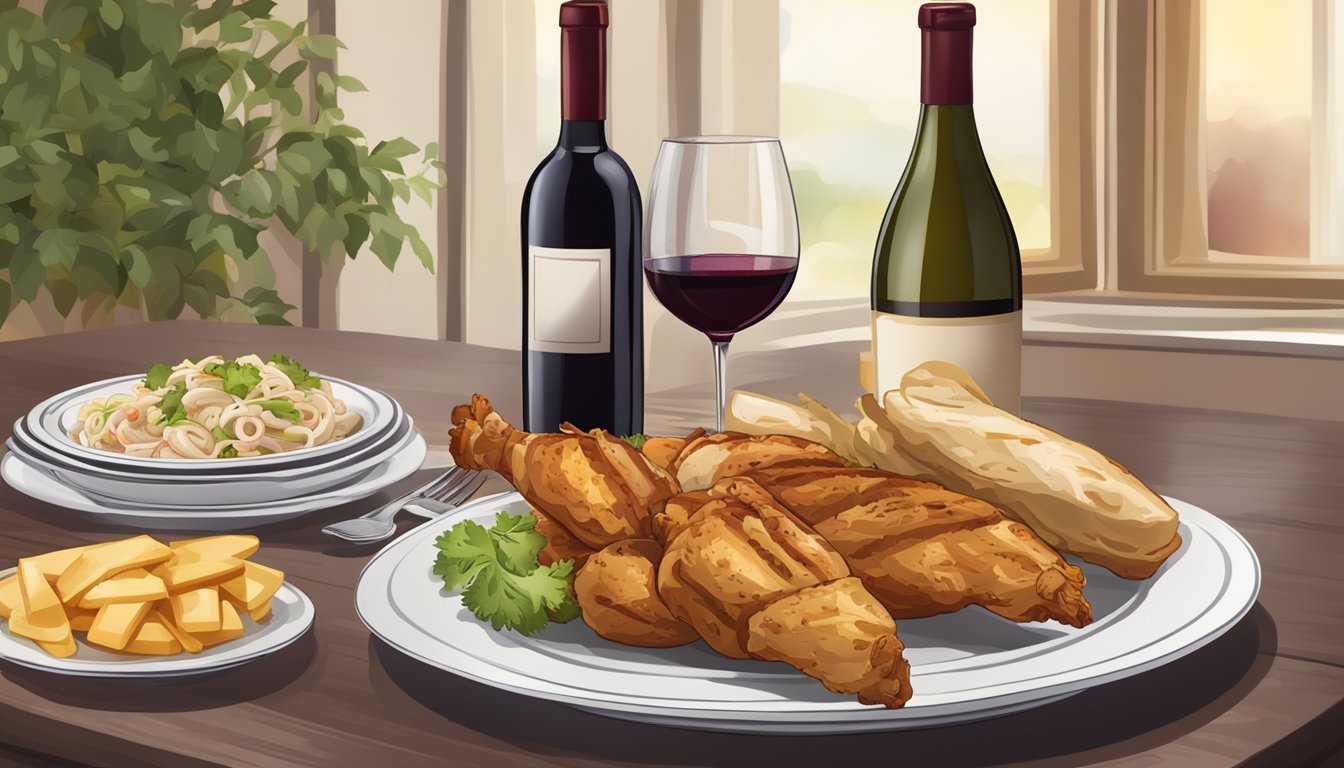 A table set with a plate of chicken shawarma, a glass of red wine, and a bottle of white wine