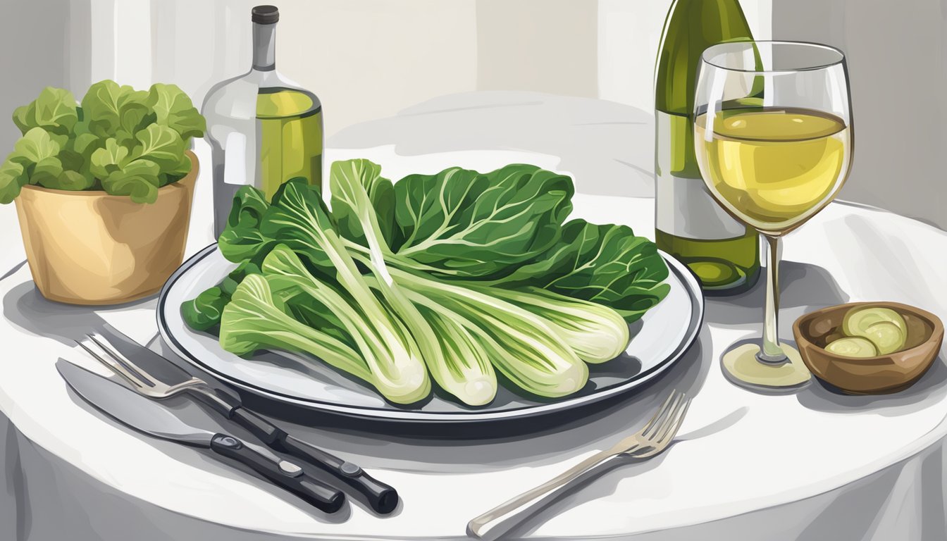 A table set with a grilled bok choy dish next to a bottle of white wine and a wine glass