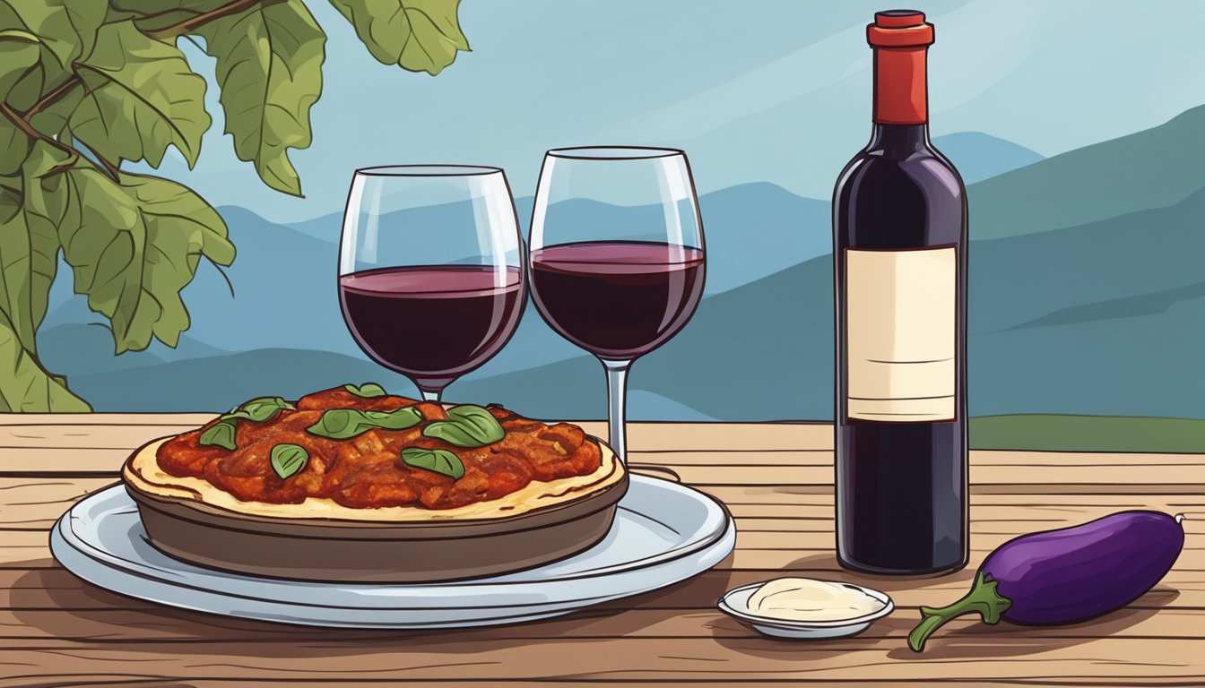 A bottle of red wine next to a plate of grilled eggplant parmesan on a rustic wooden table