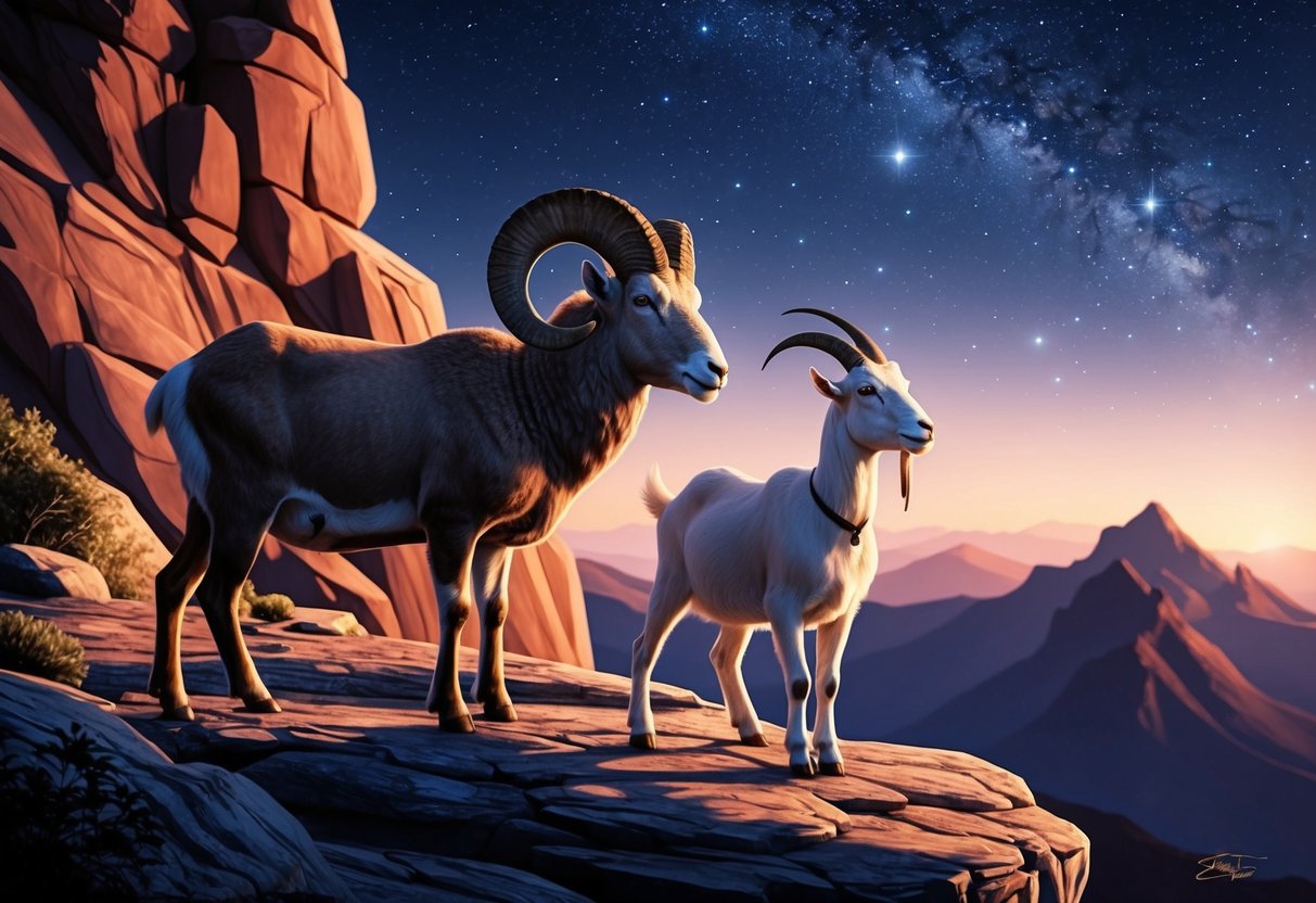 A ram and a goat standing on a rocky mountain, gazing at the stars together