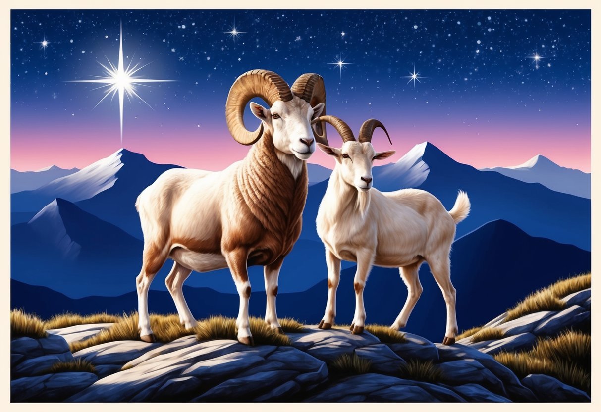 A ram and a goat stand atop a mountain, gazing at the stars