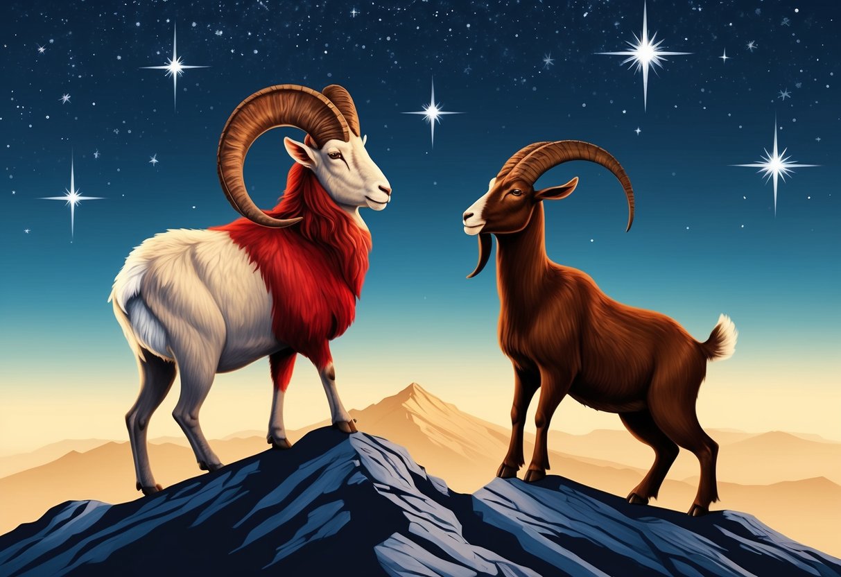 A ram and a goat stand on a mountain peak, gazing at the stars together. The fiery red of Aries contrasts with the earthy brown of Capricorn, symbolizing their passionate yet grounded relationship