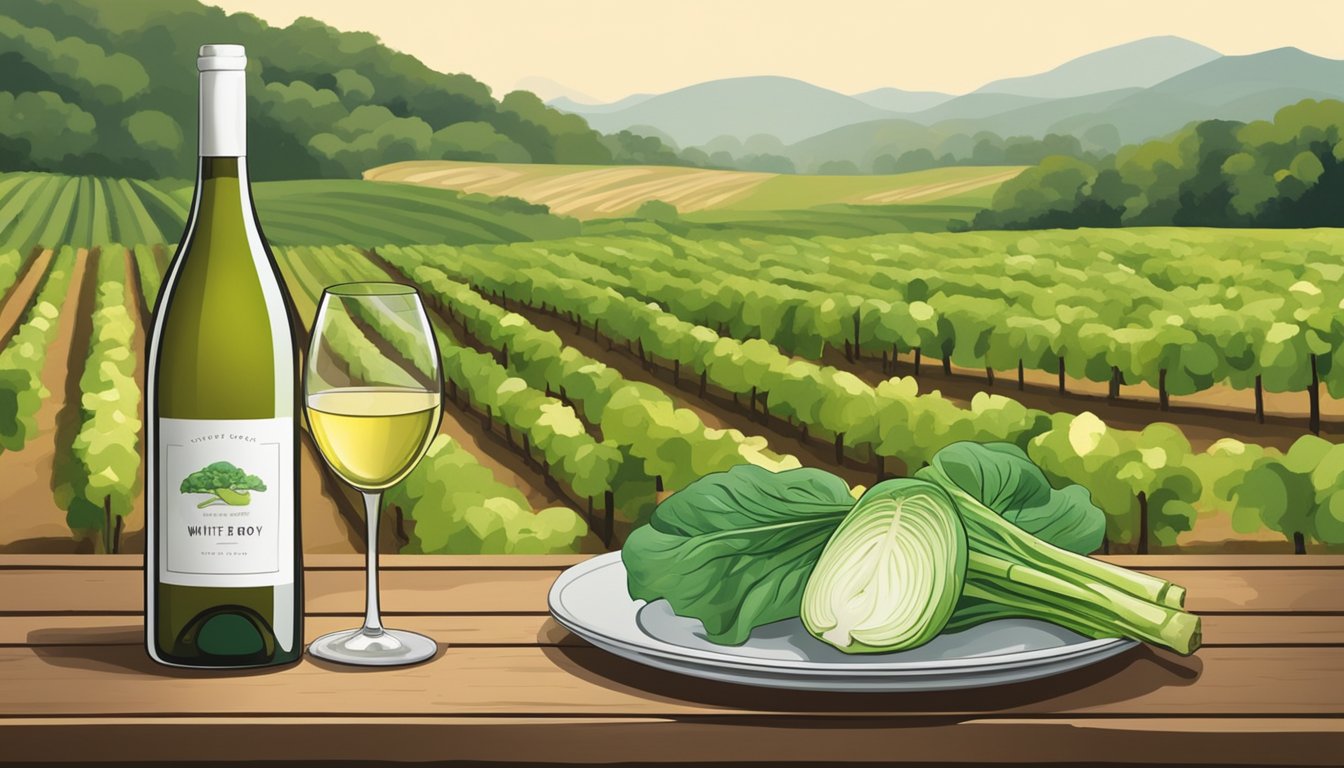 A bottle of white wine sits next to a plate of grilled bok choy on a rustic wooden table, surrounded by vineyard scenery