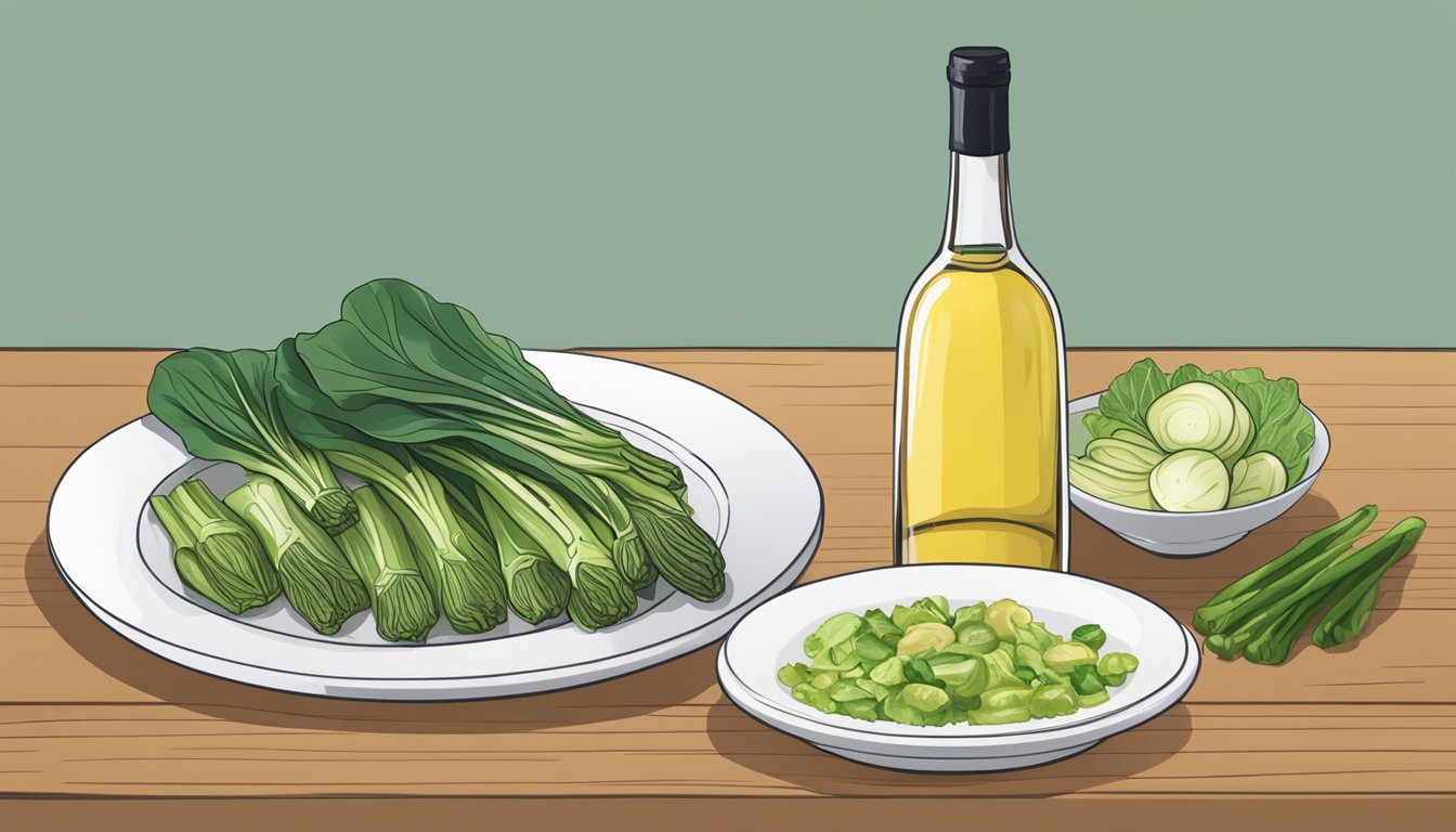 A bottle of white wine next to a plate of grilled bok choy with flavor enhancers and side dishes on a wooden table