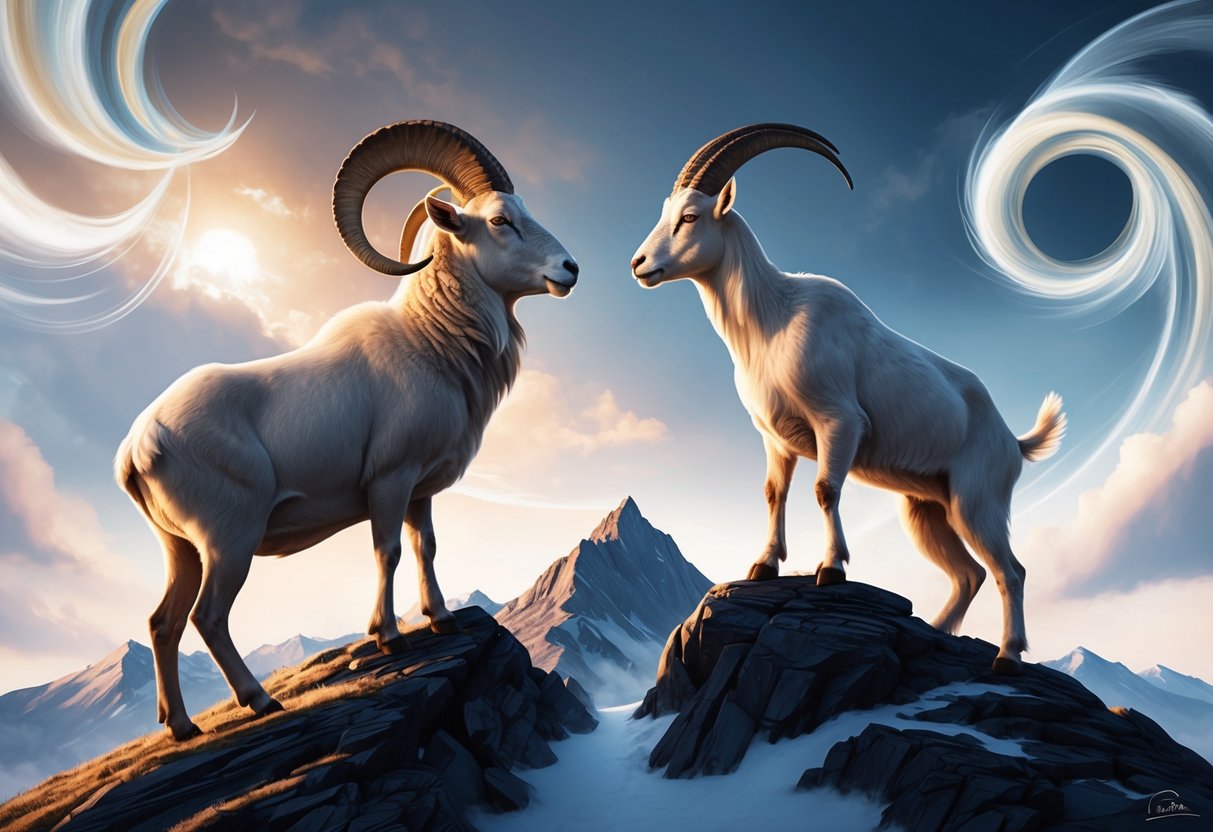 A ram and a goat stand atop a mountain, facing each other with determination, surrounded by swirling winds and a sense of unity