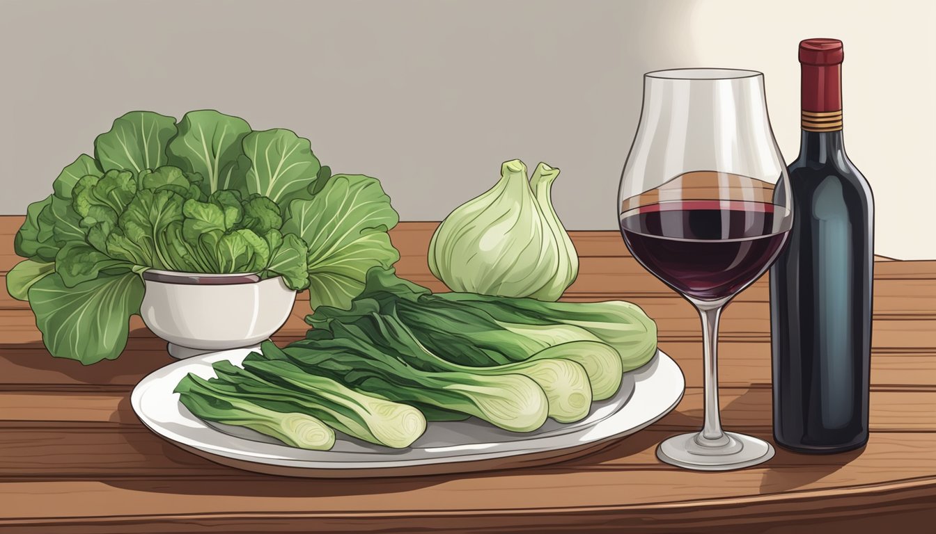 A bottle of red wine next to a plate of grilled bok choy on a wooden table