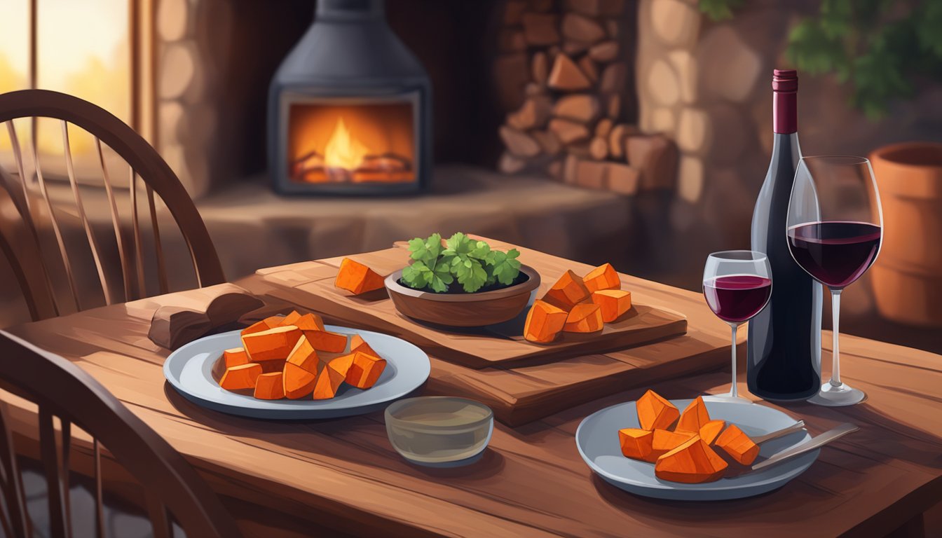 A rustic table set with roasted sweet potatoes, a bottle of red wine, and a glass, with a cozy fireplace in the background