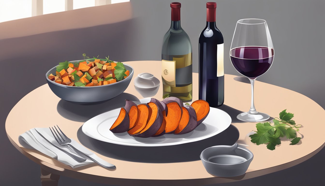 A table set with a roasted sweet potato dish and a bottle of red wine