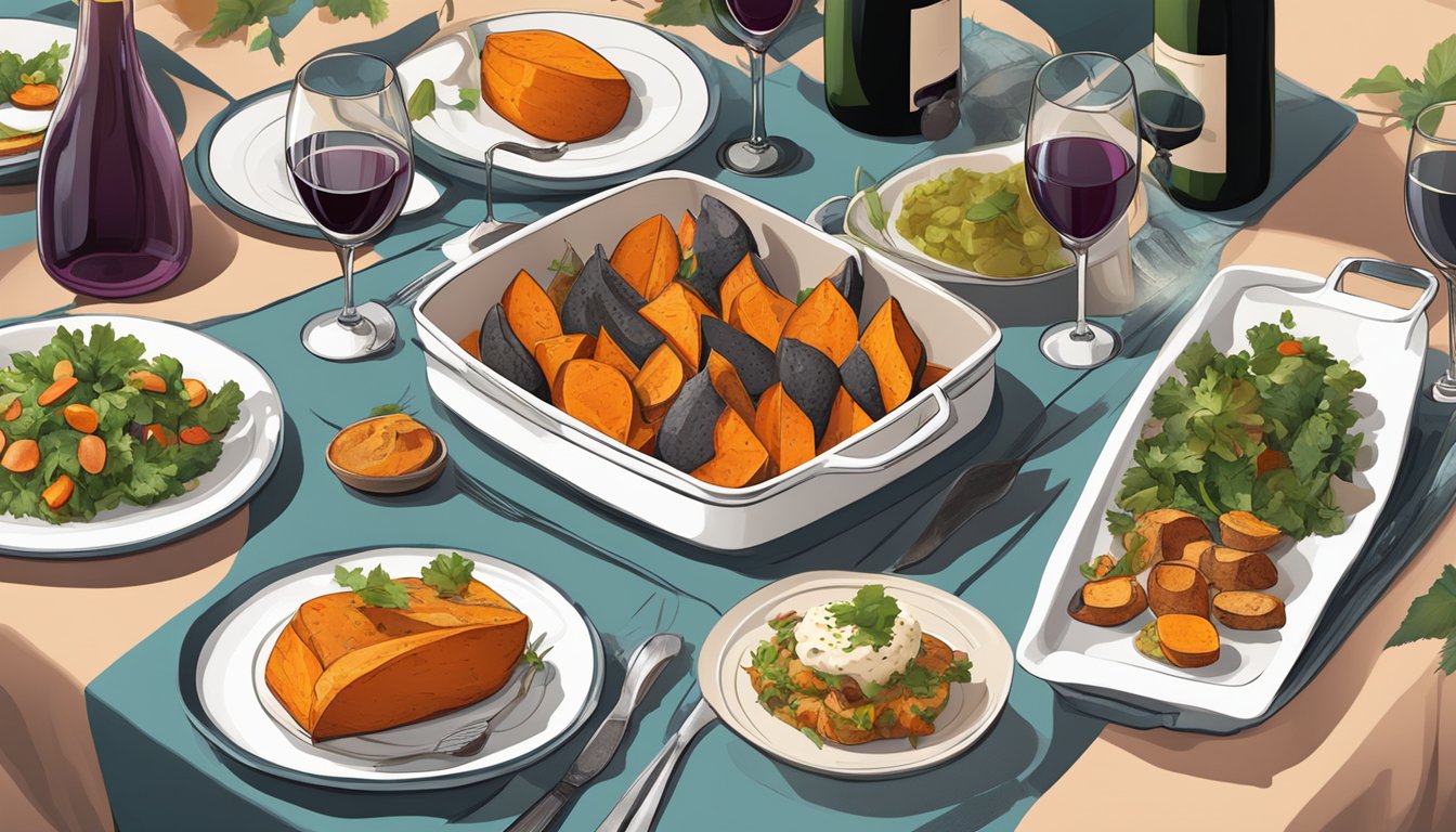 A table set with roasted sweet potato dishes and bottles of various wine varieties