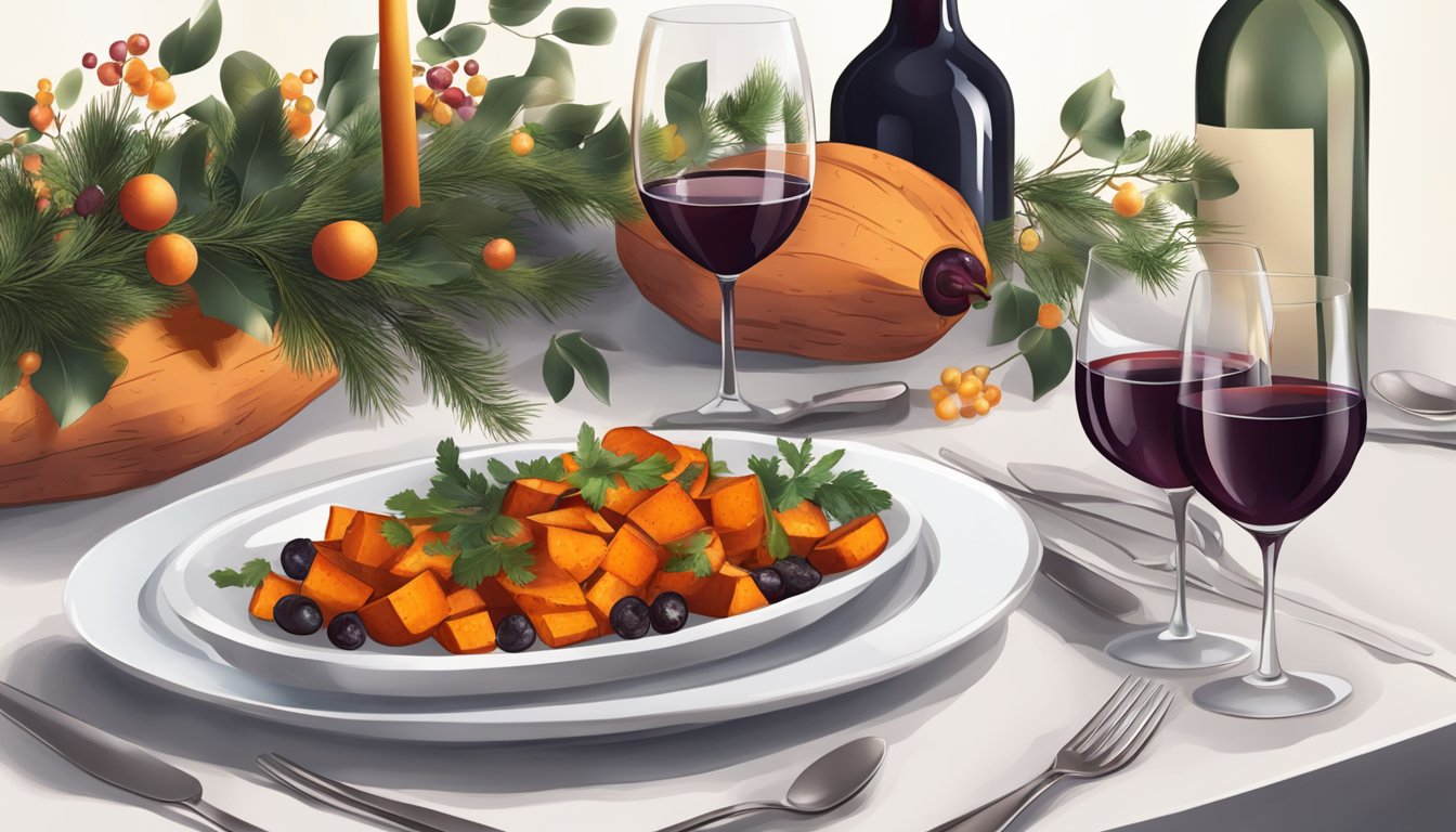 A festive table setting with a roasted sweet potato dish and a bottle of red wine