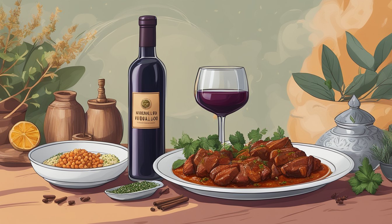 A bottle of red wine next to a steaming plate of pork vindaloo, surrounded by aromatic spices and herbs