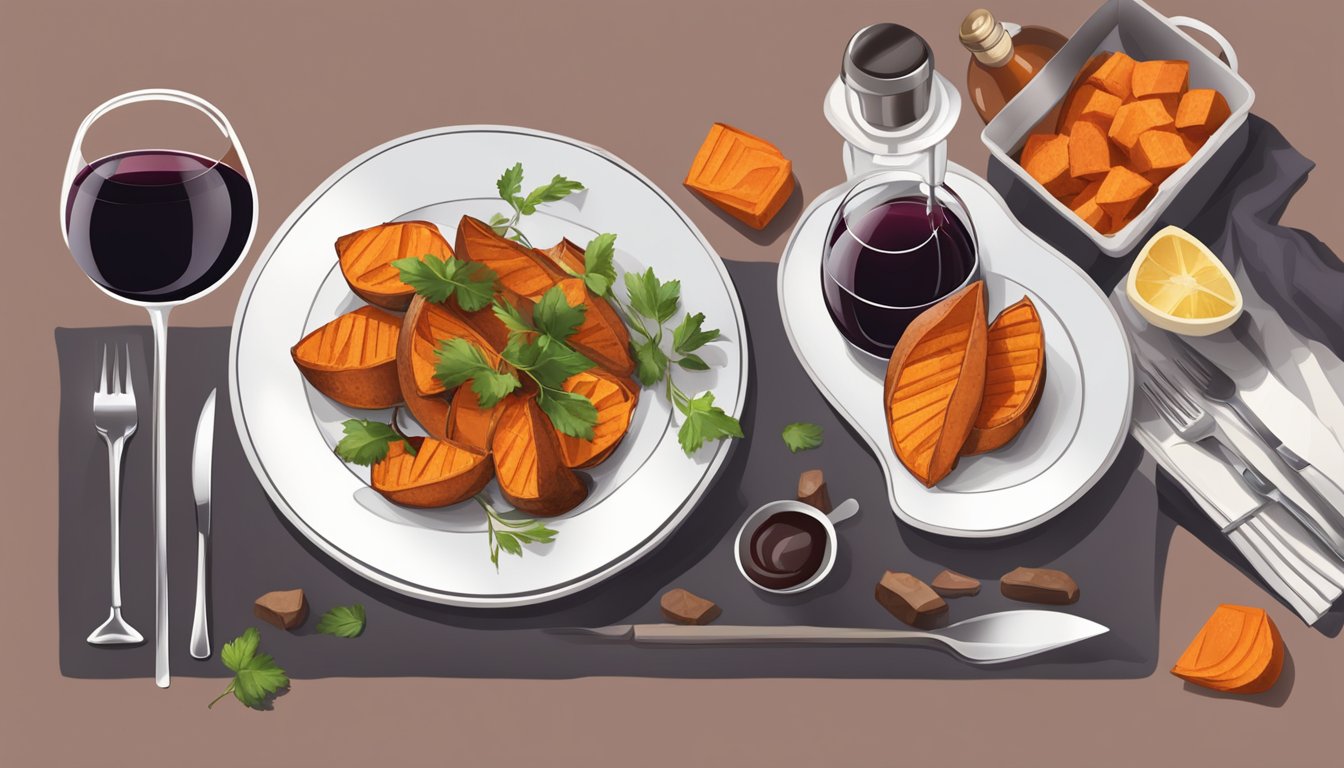 A table set with a roasted sweet potato dish and a bottle of red wine