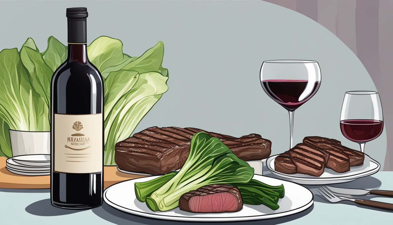 A bottle of red wine next to a plate of grilled bok choy and steak