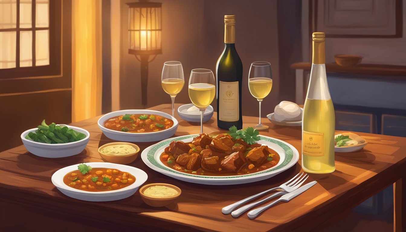 A table set with a steaming plate of pork vindaloo and a bottle of white wine, surrounded by warm, inviting lighting