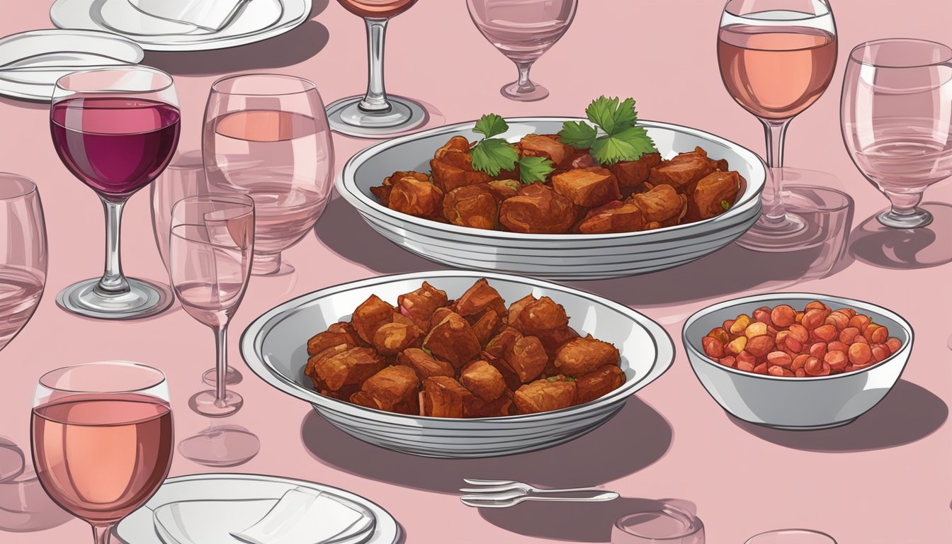 A table set with a spread of pork vindaloo and various glasses of rosé and light red wine options