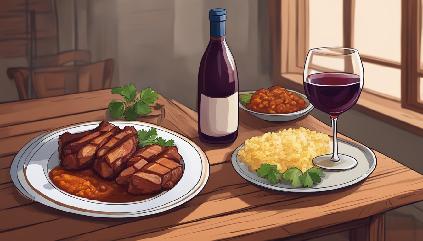 A bottle of red wine next to a steaming plate of pork vindaloo on a wooden table