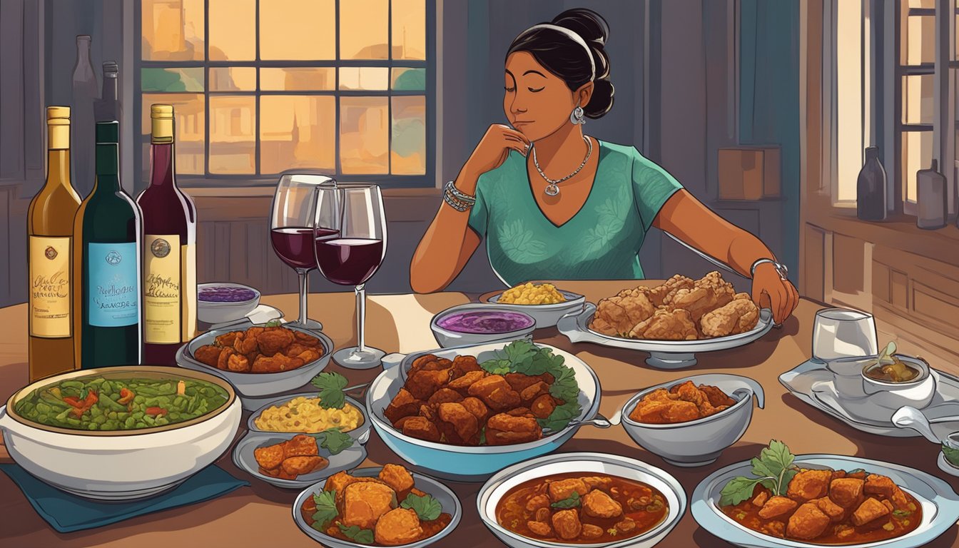 A table set with a spicy pork vindaloo dish and a variety of wine bottles, with a person pondering their choice