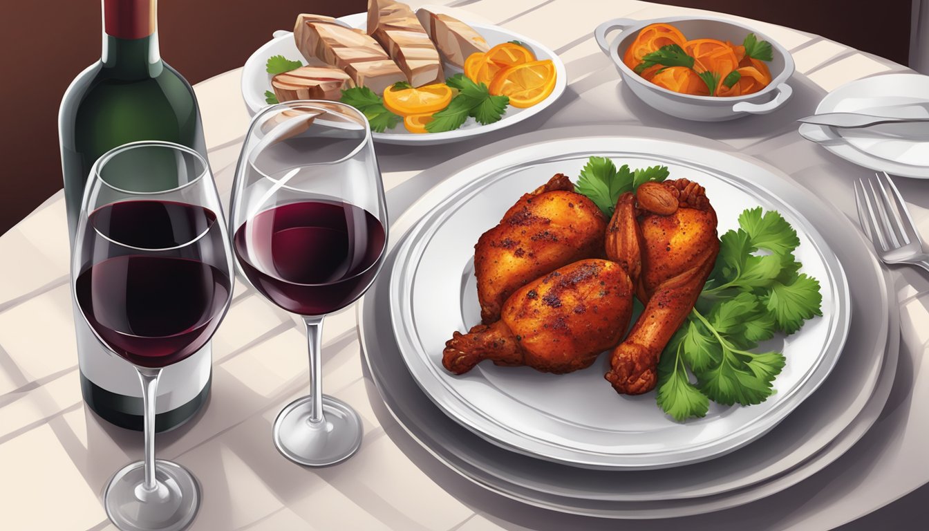 A table set with a plate of tandoori chicken and a glass of red wine