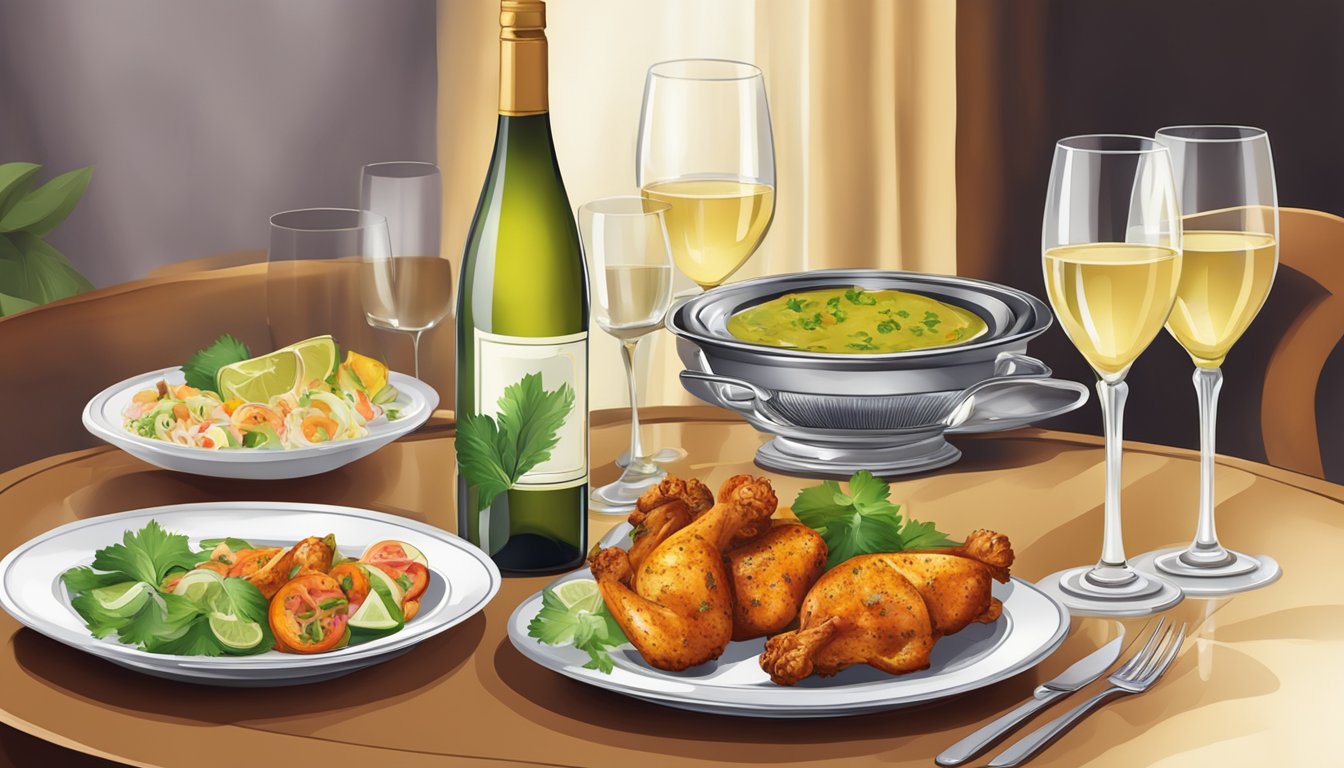 A table set with a bottle of white wine, a plate of chicken tandoori, and a glass