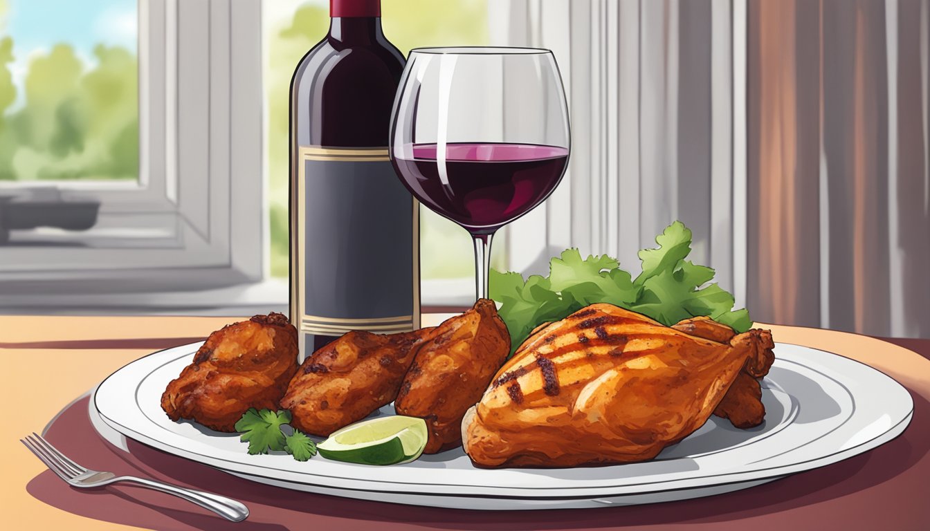 A bottle of red wine next to a plate of chicken tandoori, with a glass partially filled with wine