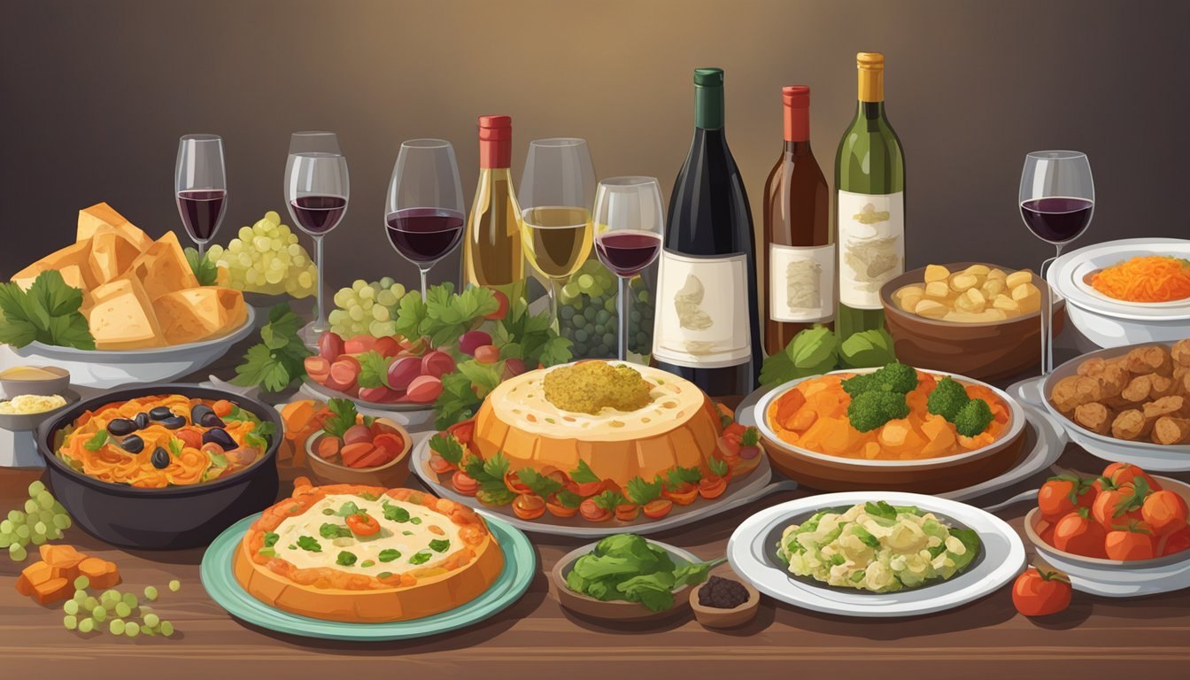 A table set with a spread of Armenian cuisine, accompanied by bottles of specific wine varietals