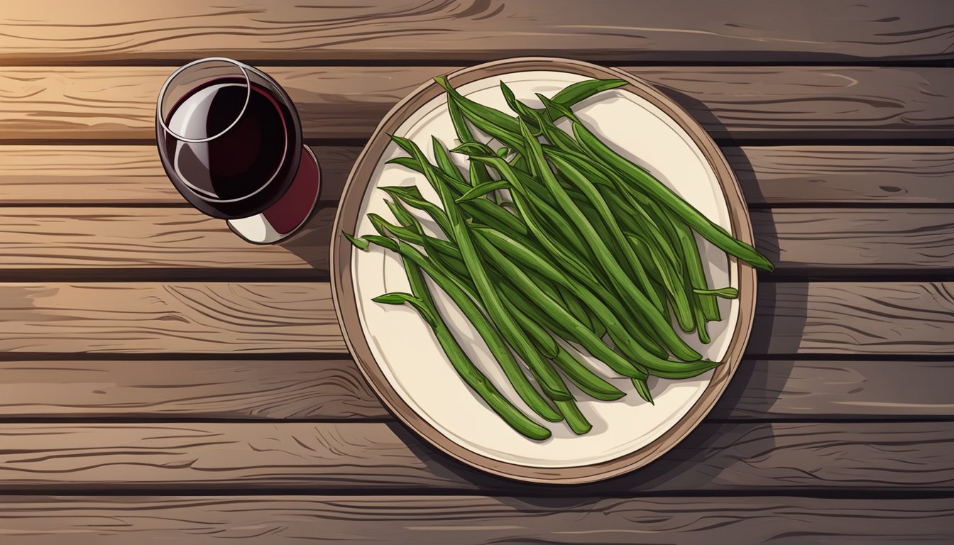 A bottle of red wine next to a plate of grilled green beans on a rustic wooden table