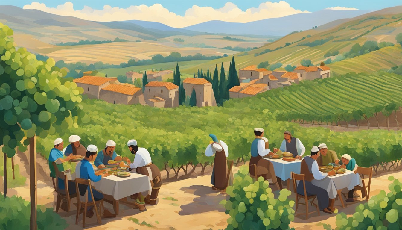 Vineyards stretch across rolling hills, with ancient winemaking tools and clay amphorae scattered among the rows. A table is set with traditional Armenian dishes, surrounded by locals enjoying a meal