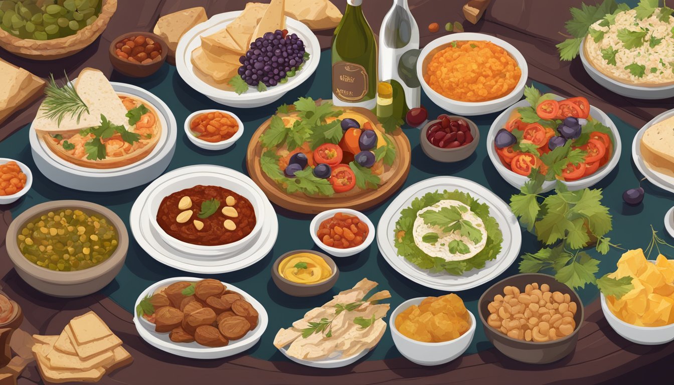 A table set with a spread of Armenian mezze dishes, surrounded by bottles of wine with labels from various regions