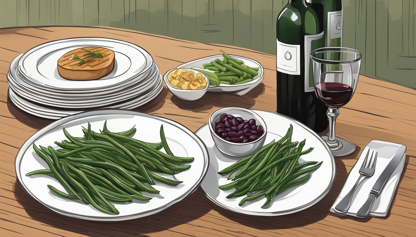 A bottle of red wine next to a plate of grilled green beans with complementary side dishes