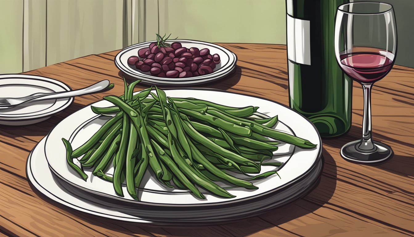 A bottle of red wine next to a plate of grilled green beans on a wooden table