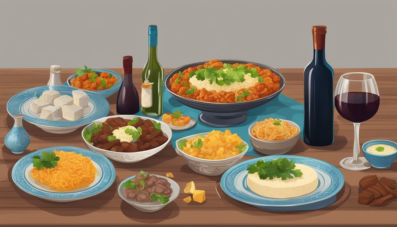 A table set with traditional Kazakh dishes and a bottle of red wine