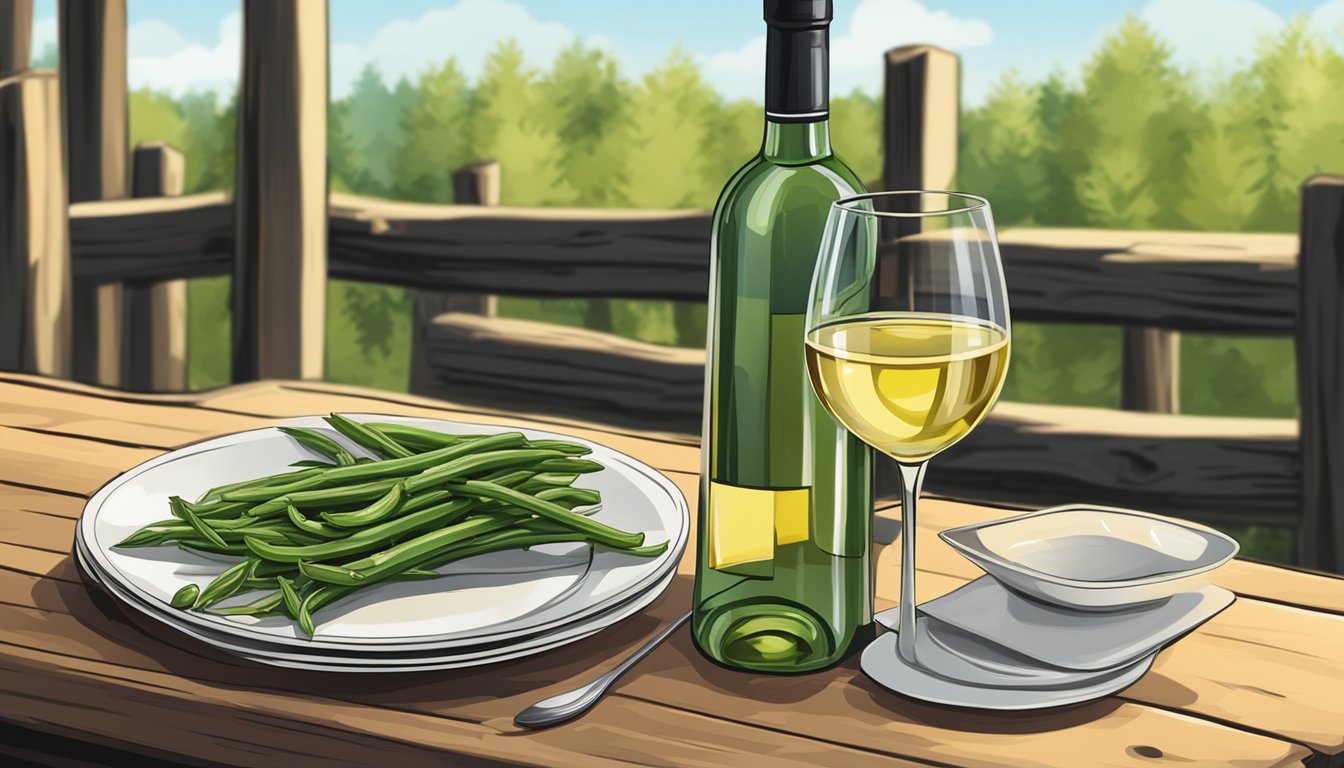 A bottle of white wine next to a plate of grilled green beans on a rustic wooden table