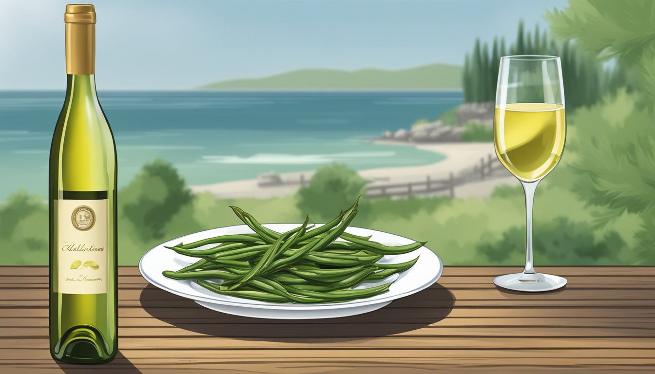 A bottle of white wine next to a plate of grilled green beans on a wooden table