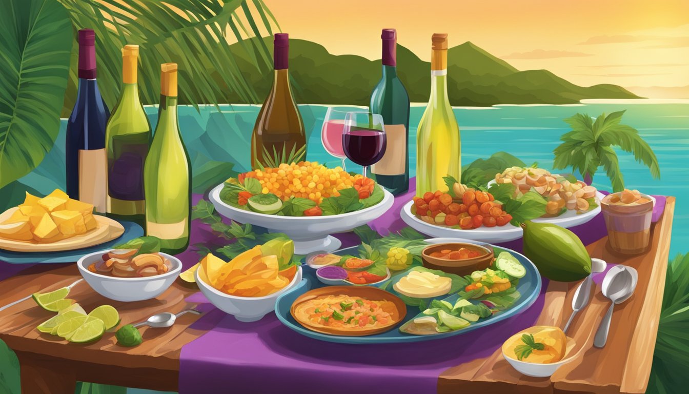 A table set with a colorful spread of Brazilian dishes and a variety of wine bottles, with a lush tropical backdrop