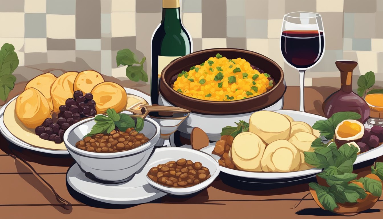 A colorful table spread with feijoada, moqueca, and pão de queijo, accompanied by a bottle of red and white wine