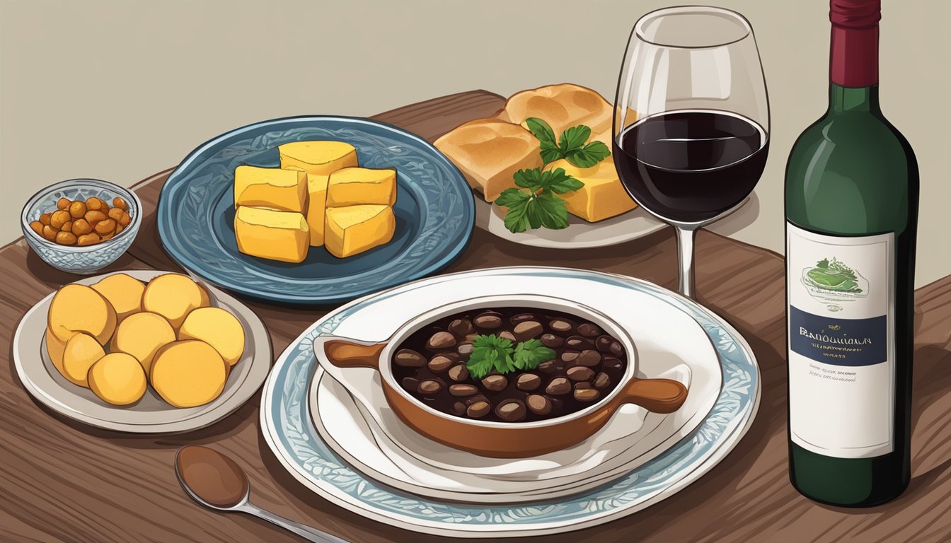 A table set with feijoada, moqueca, and pão de queijo, accompanied by a bottle of rich and fruity Brazilian red wine