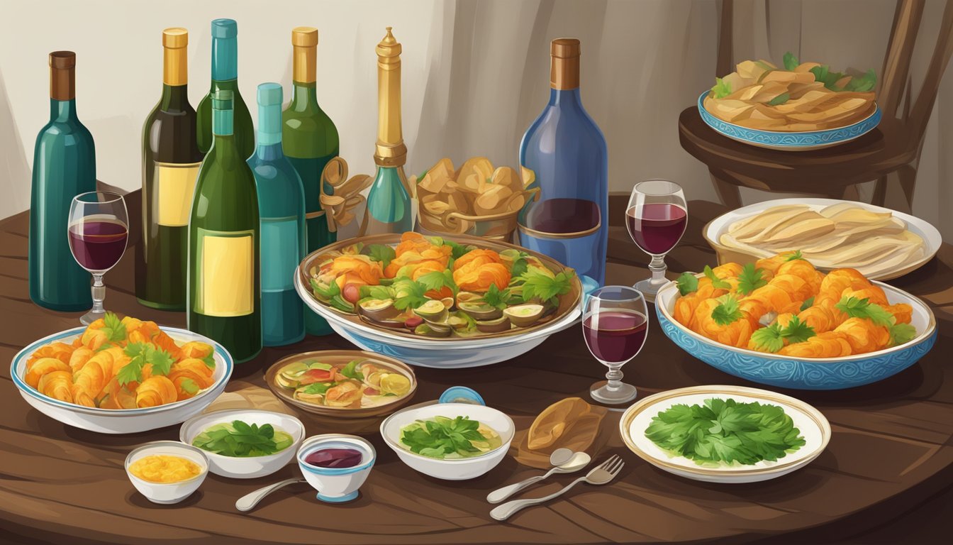 A table set with traditional Kazakh dishes and wine bottles