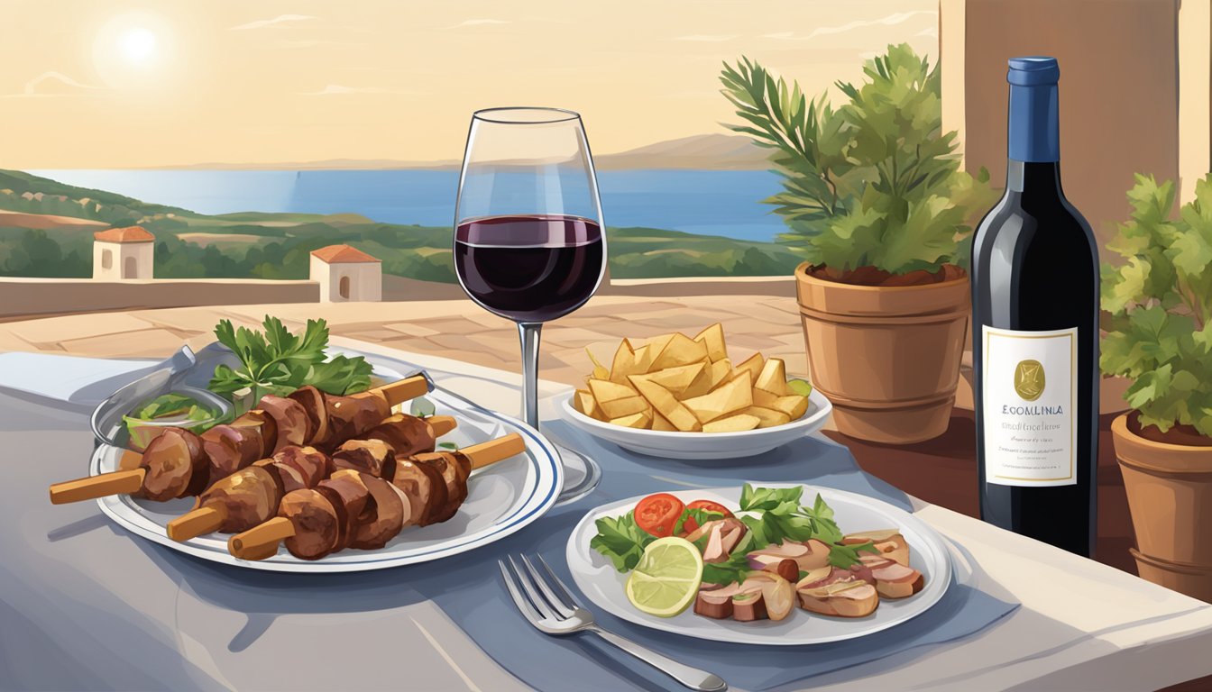 A table set with a plate of pork souvlaki, a glass of red wine, and a bottle of wine with a Mediterranean-inspired backdrop