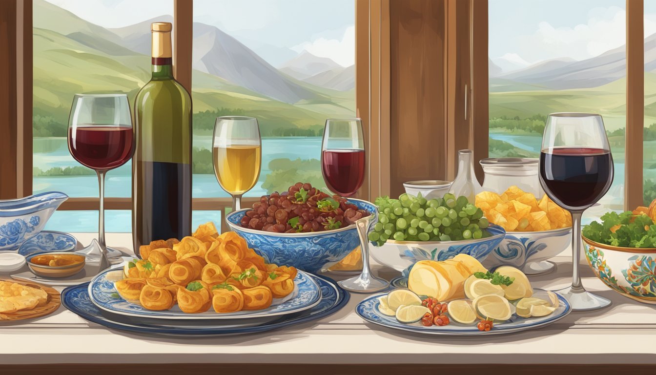 A table set with traditional Kazakh dishes alongside glasses of red and white wine