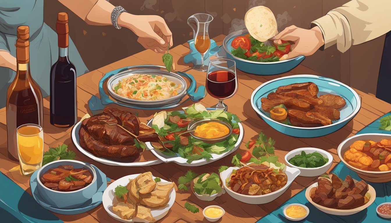 A table set with a spread of grilled and barbecue favorites, accompanied by traditional Kazakh dishes. A bottle of wine is being poured into glasses