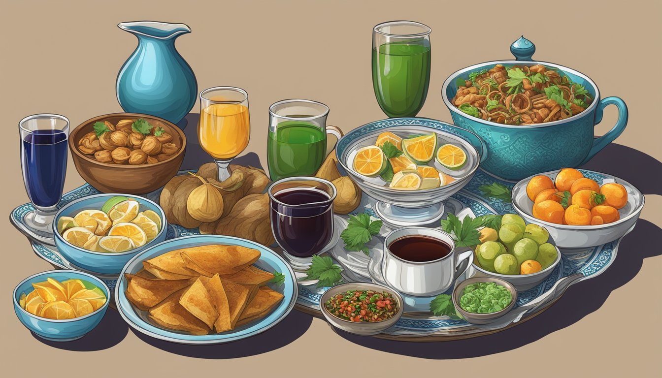 A table set with traditional Kazakh dishes and a variety of alternative beverages, including tea, kumis, and fruit juices