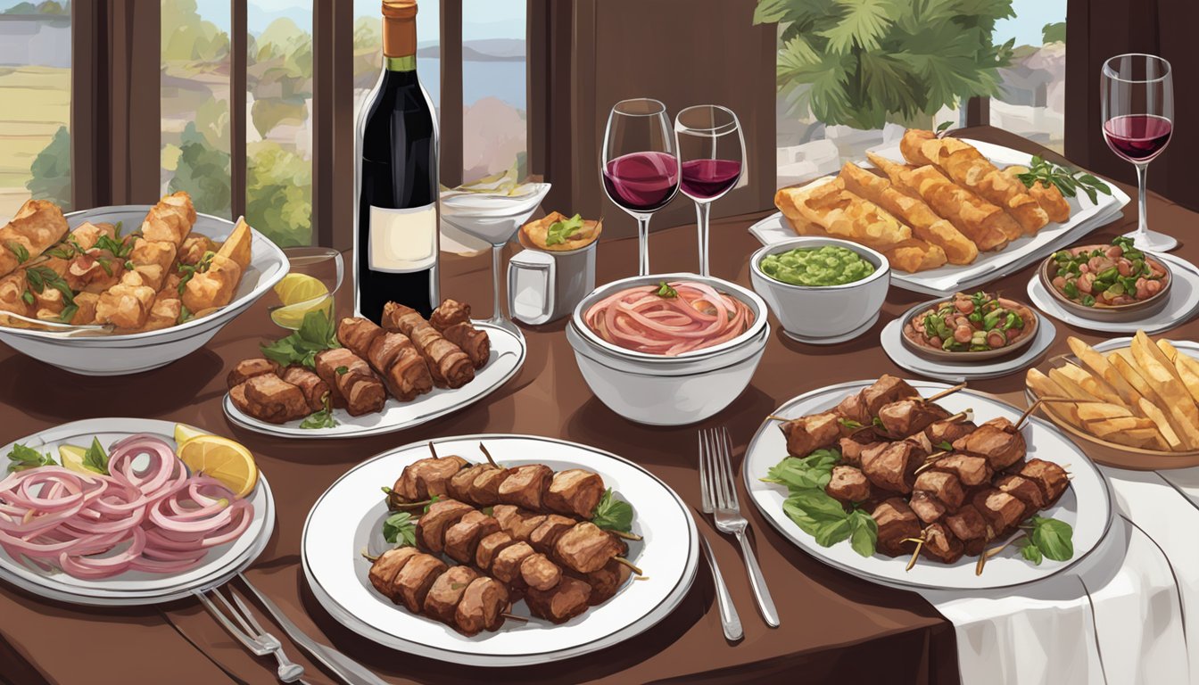 A table set with a spread of pork souvlaki, red wines, and rosés, with a warm and inviting ambiance