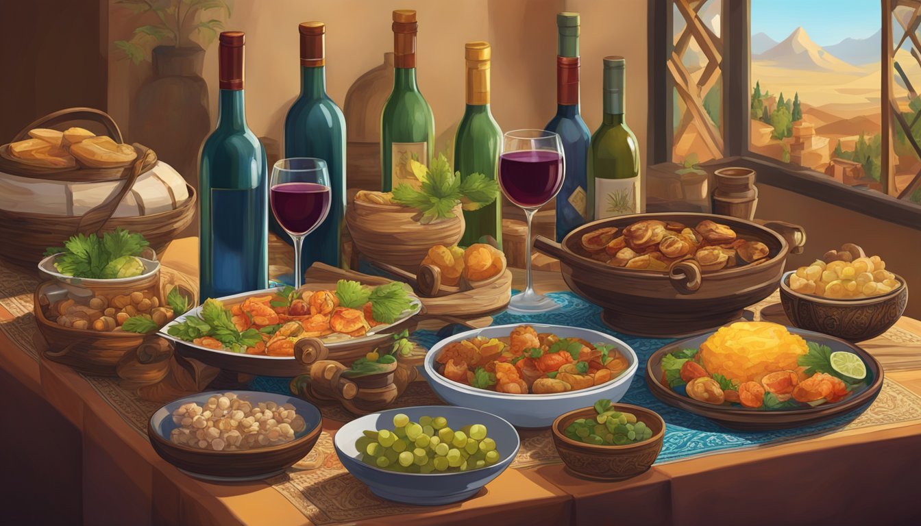 A table set with traditional Kazakh dishes alongside a selection of different wines, with a focus on the colors and textures of the food and the bottles