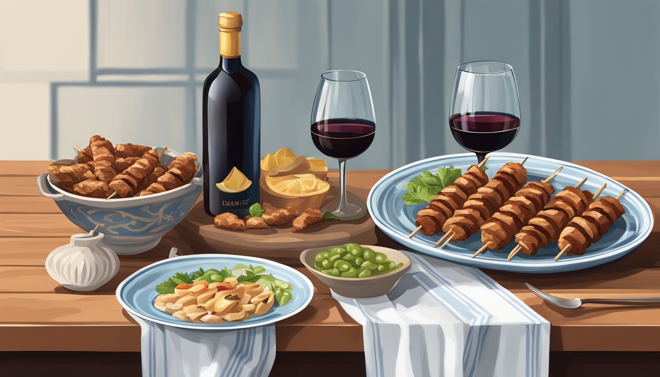 A table set with a platter of pork souvlaki, accompanied by a bottle of Greek red wine and traditional Greek pottery