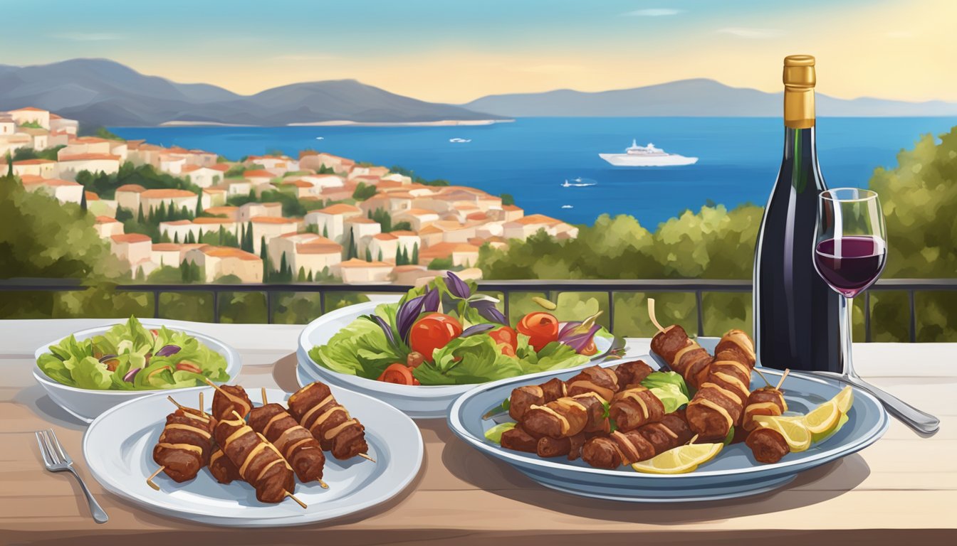 A table set with pork souvlaki and a bottle of red wine, surrounded by Mediterranean scenery