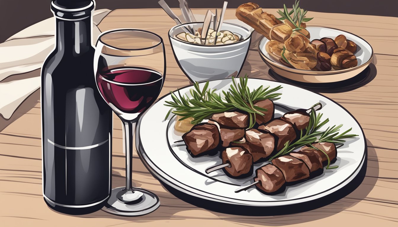 A bottle of red wine next to a plate of pork souvlaki, with a wine glass and a sprig of rosemary for garnish