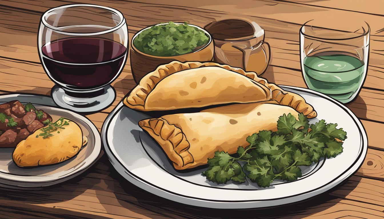 A bottle of Malbec next to a plate of empanadas, grilled meats, and chimichurri sauce on a rustic wooden table